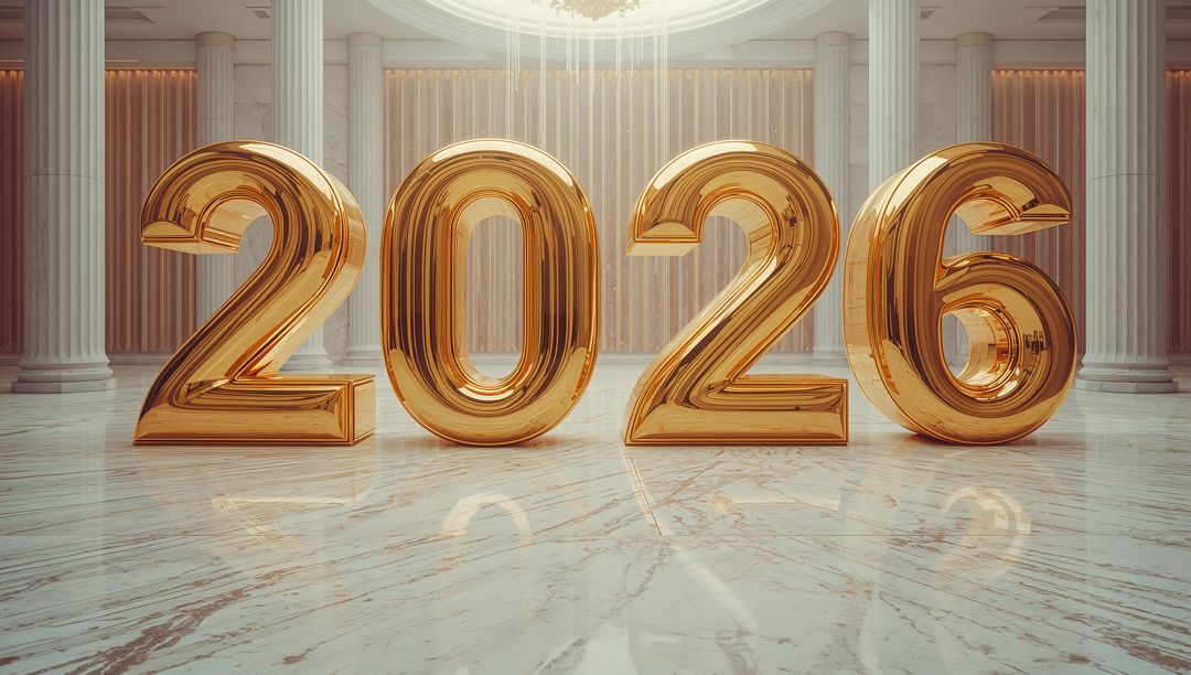 Golden 2026 Numerals Reflecting on Polished Marble Floor in Neoclassical Hall with Chandelier