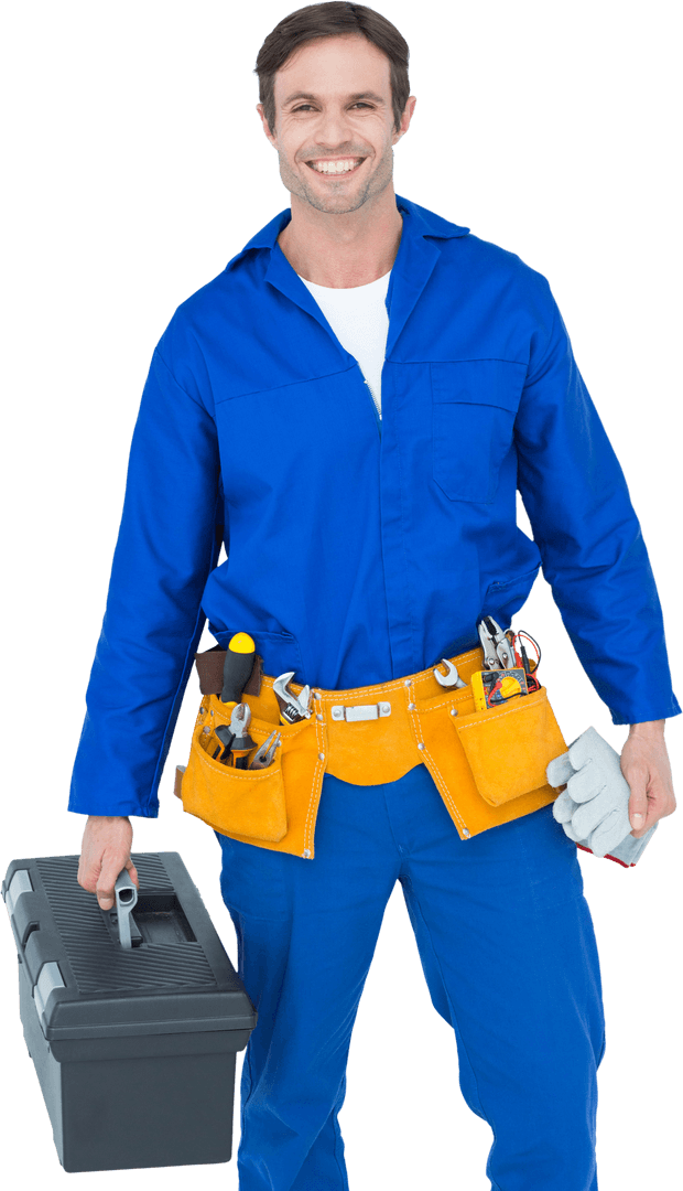 Smiling Repairman in Blue Uniform Holding Toolbox Transparent Background