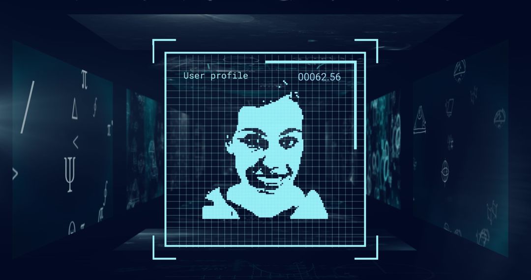 Cyan Holographic Display Scanning Human Profile in Futuristic Lab
