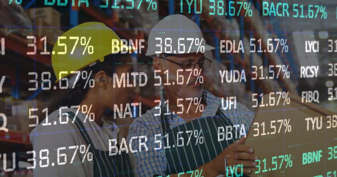 Workers Analyzing Data in Warehouse with Stock Market Overlay