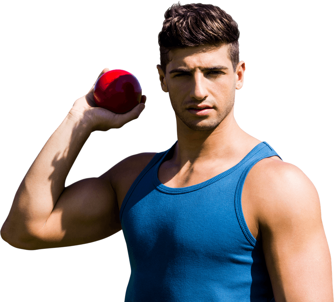 Caucasian Athlete Holding Shot Put on Transparent Background