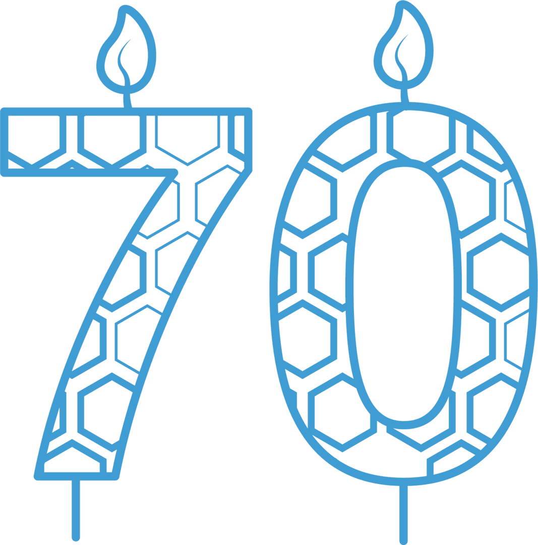 Transparent 70th Birthday Candle Vector with Blue Hexagon Pattern