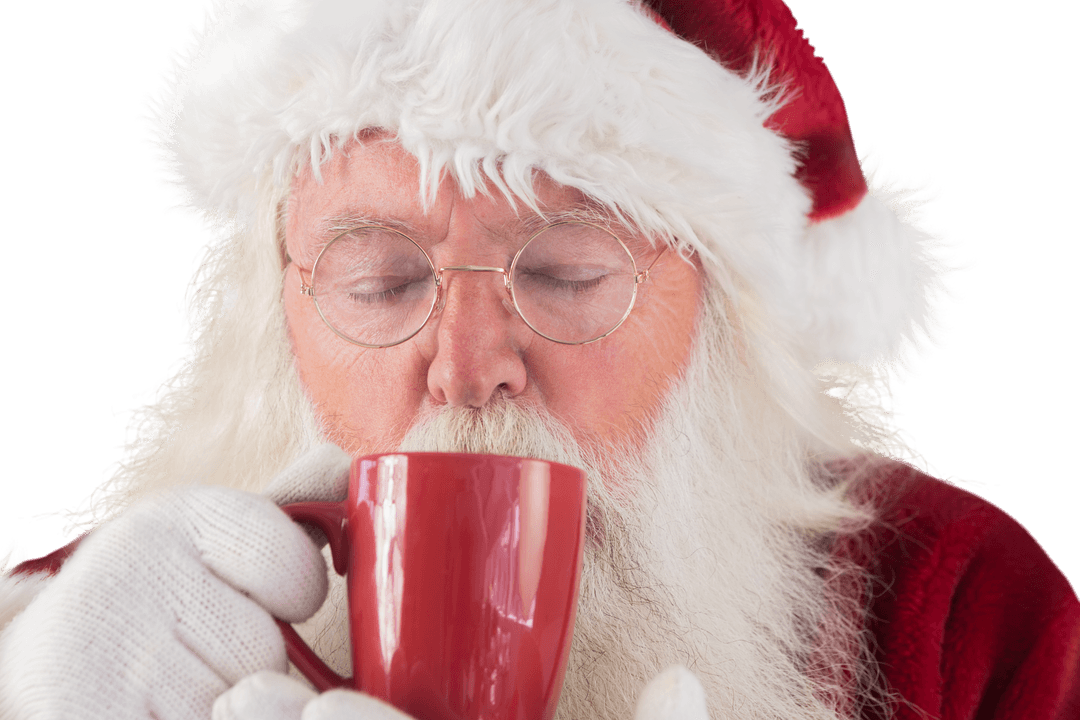 Transparent Santa Claus Enjoying Hot Beverage in Red Mug