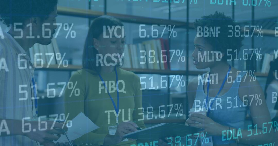 Business team discussing finance with stock ticker overlay, collaborative workshop