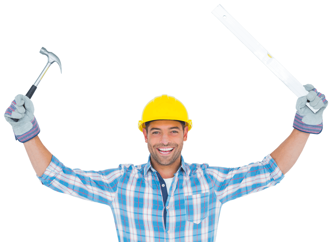 Transparent Smiling Handyman Holding Hammer and Level