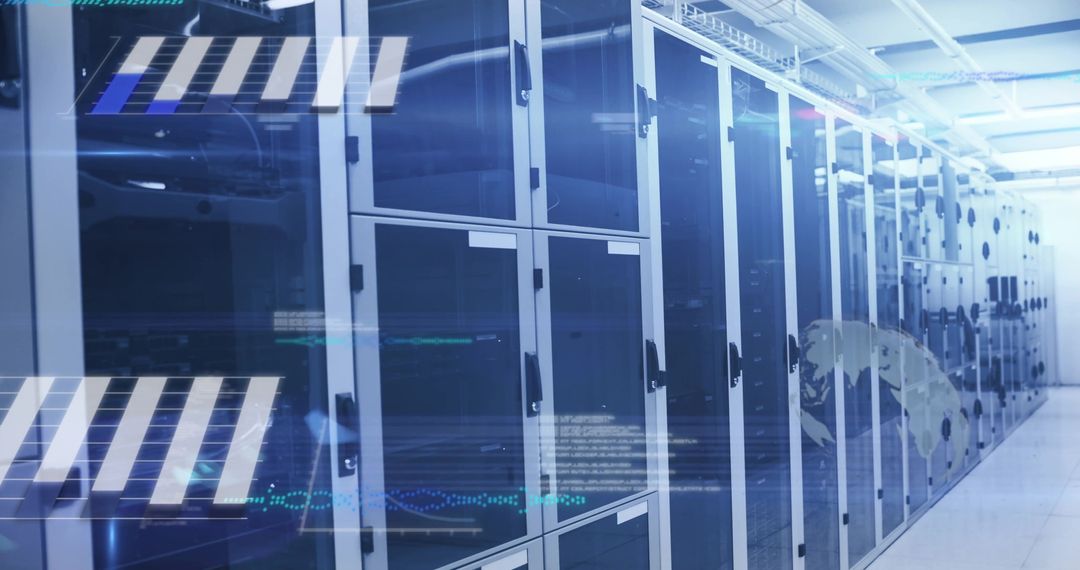 Futuristic Data Center Corridor with Digital Interfaces