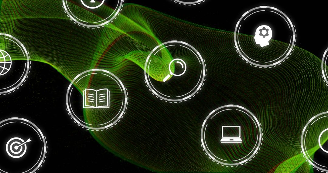 Neon Digital Network with Green Wave and Technology Icons