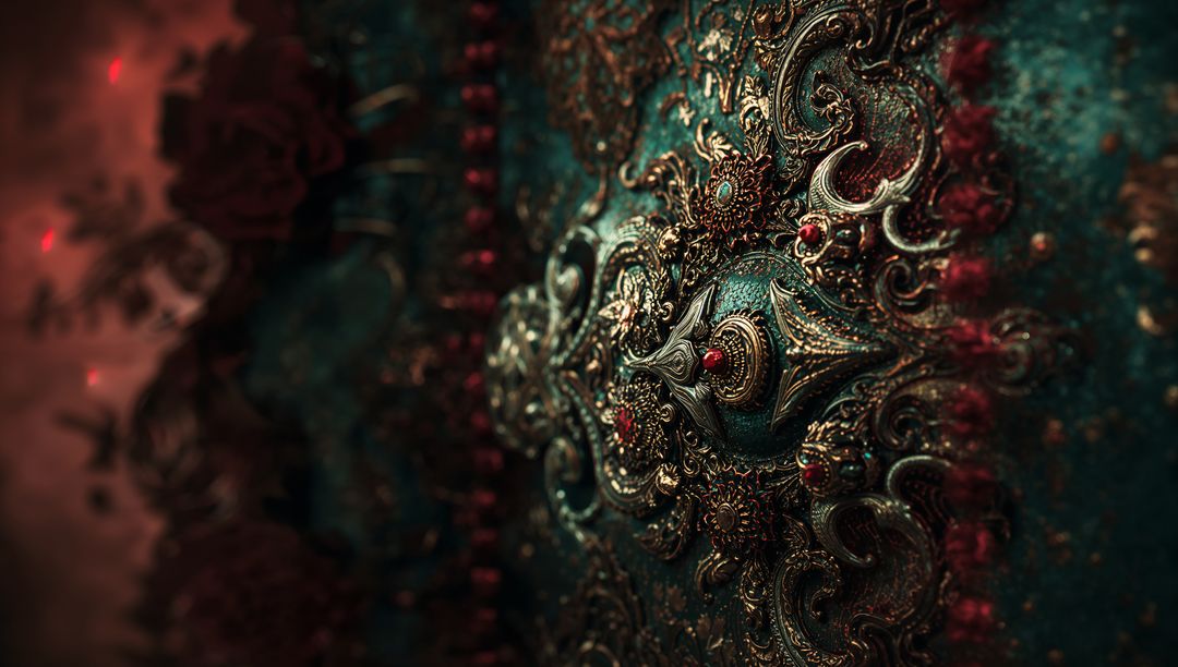 Ornate Metallic Filigree Panel with Red Gemstones