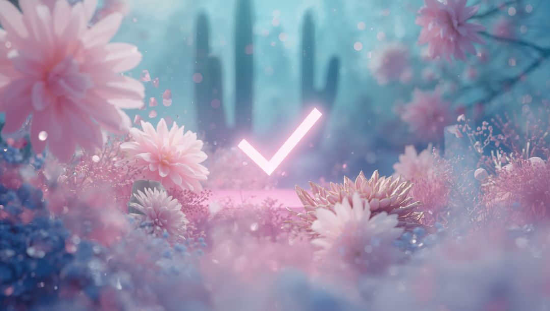 Neon Check Mark in Ethereal Flower Garden, Pink Luminous Serenity