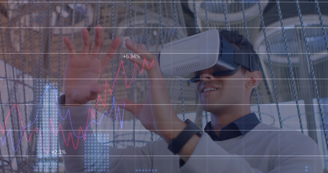 Tech-Savvy Businessman Using VR with Financial Data Visualization