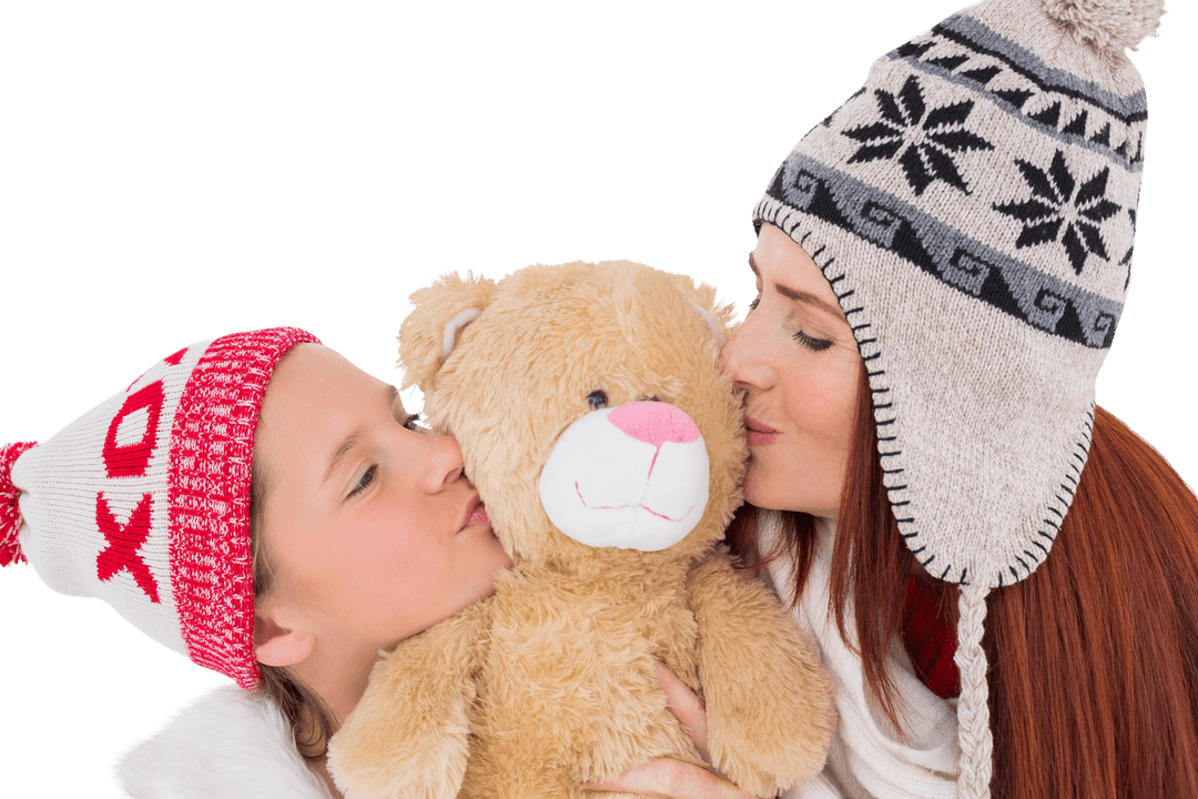 Mother and Daughter in Winter Hats Hugging Teddy Bear on Transparent Background