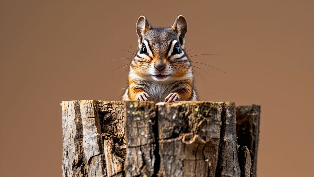Adorable Chipmunk Perching with Expressive Whiskers on Tree Stump