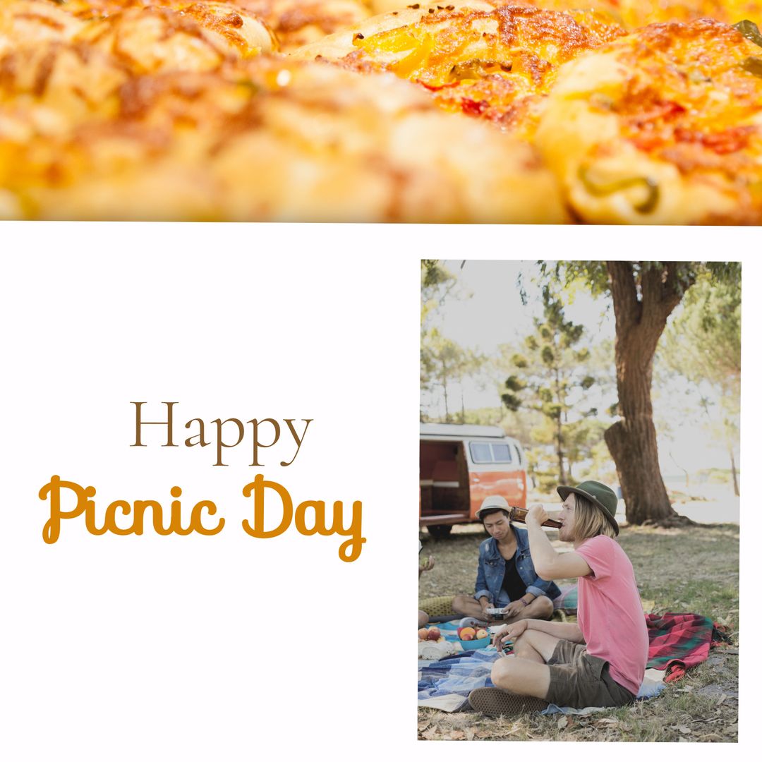 Friends Gathering for Picnic with Pizza and Drinks in Nature