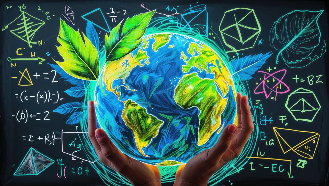 Hands Holding Illustrated Globe with Eco Innovation Theme on Chalkboard