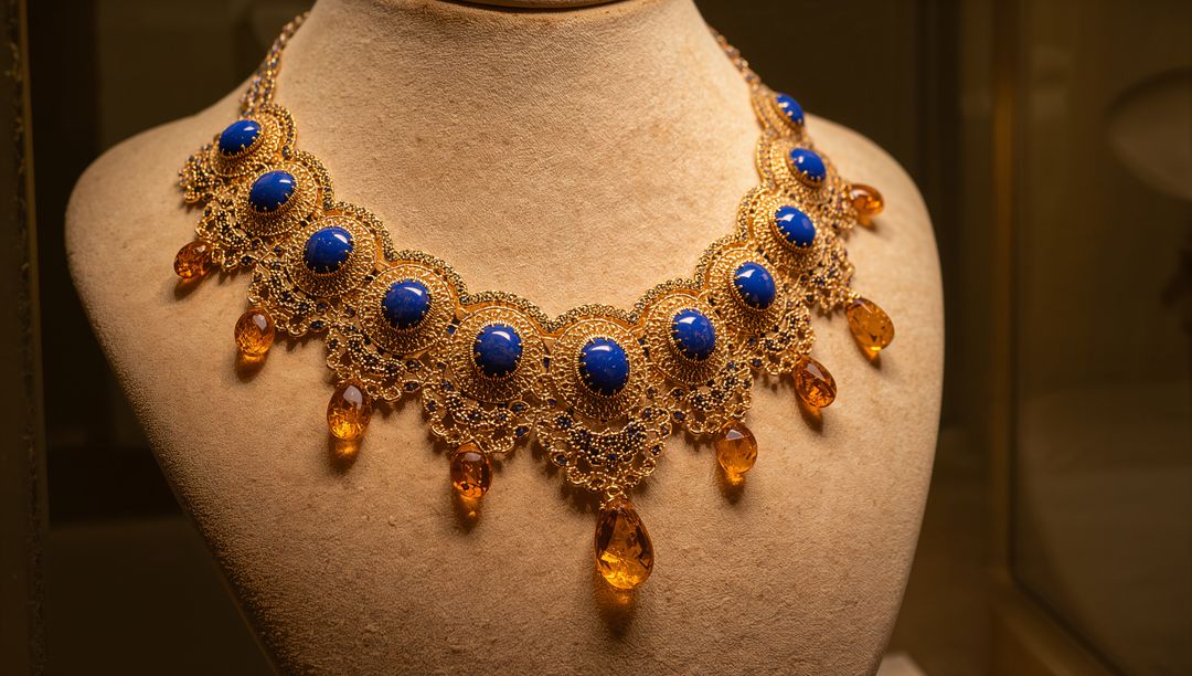 Ornate Filigree Necklace with Blue Cabochons and Amber Beads on Display