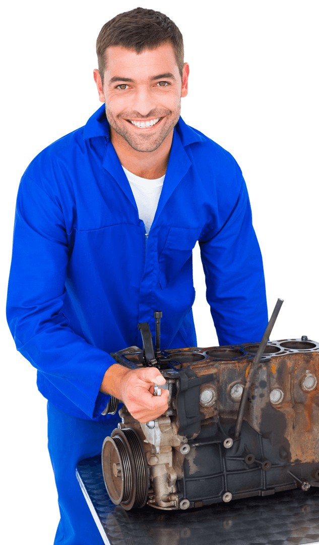 Smiling Mechanic Repairing Car Engine with Transparent Background