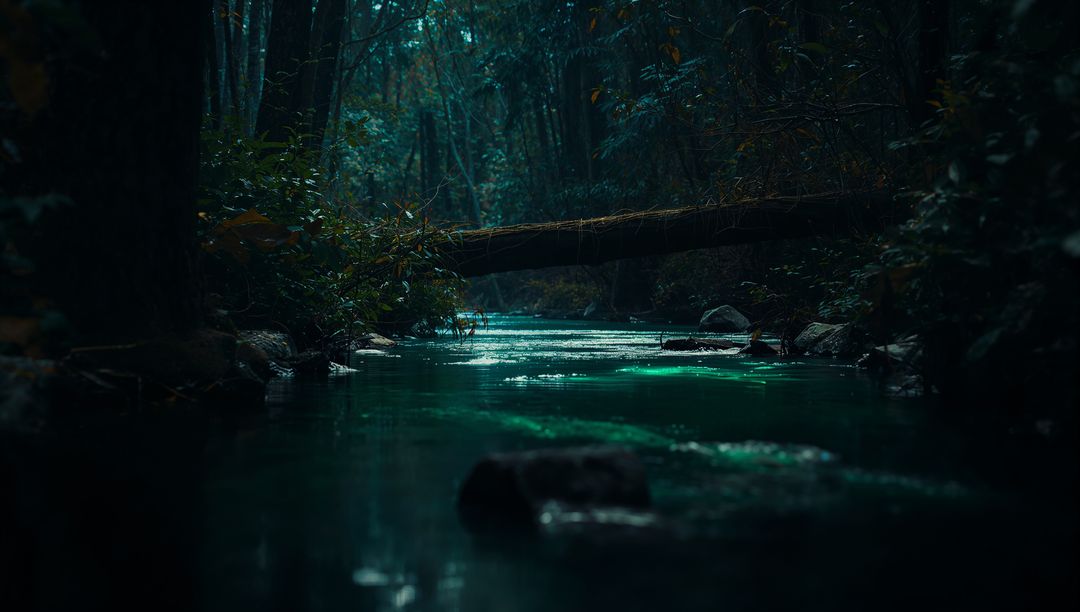 Mystical Forest Stream with Fallen Log Bridge