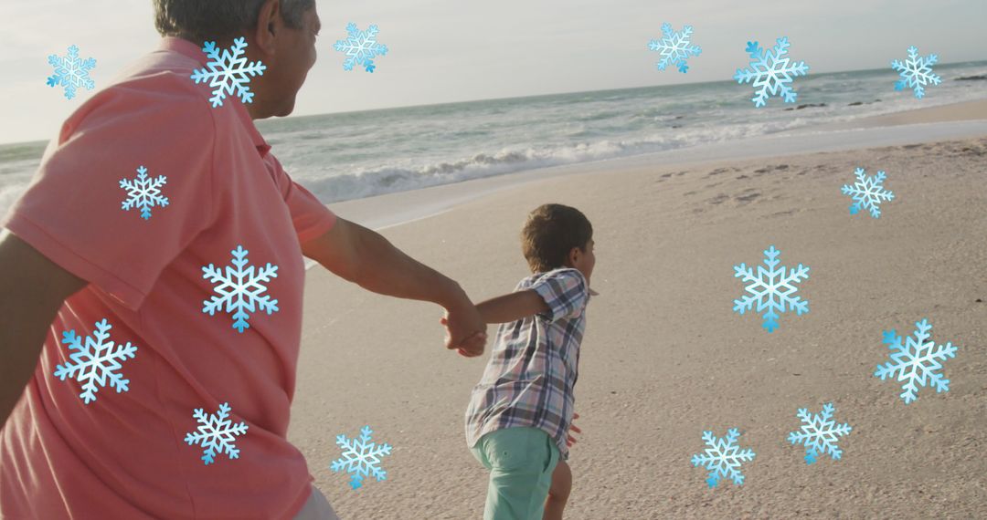 Grandfather and Grandson Bonding on Oceanfront with Snowflake Overlay
