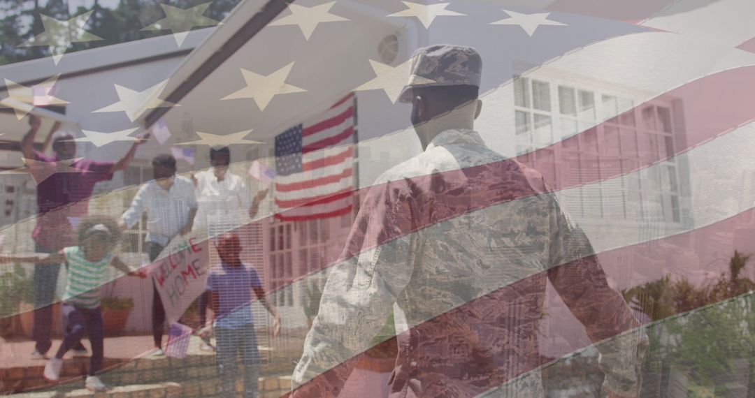 Image of national flag of america over african american soldier hugging daughter - Free Images, Stock Photos and Pictures on Pikwizard.com