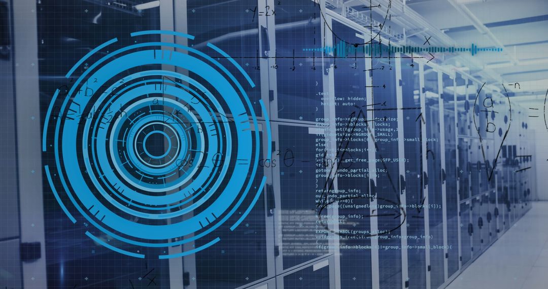 Futuristic Data Center with HUD Overlay and Technology Interface