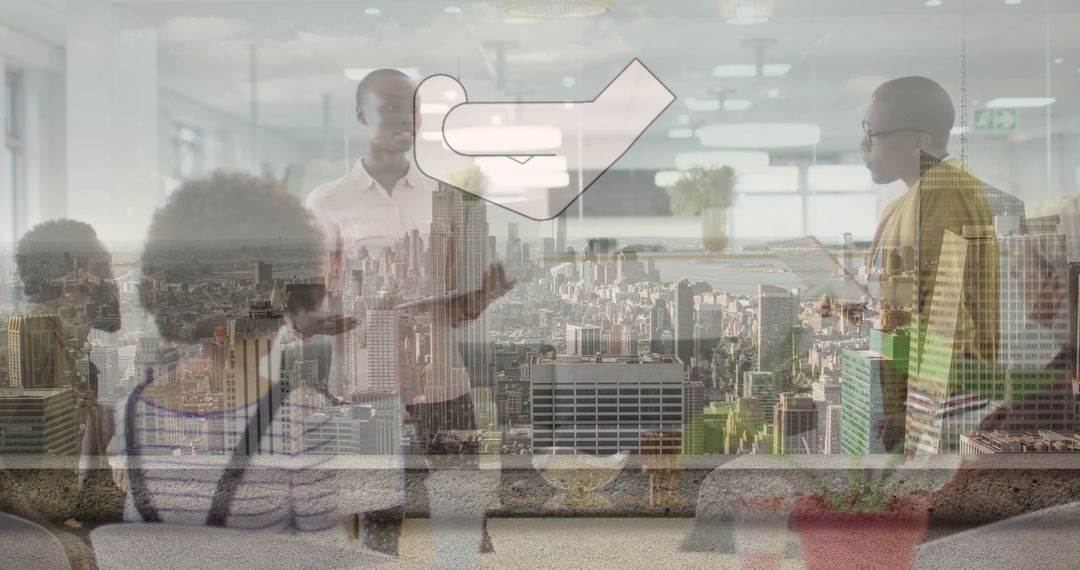 Diverse Business Team Collaboration in Modern Office Overlaying Cityscape
