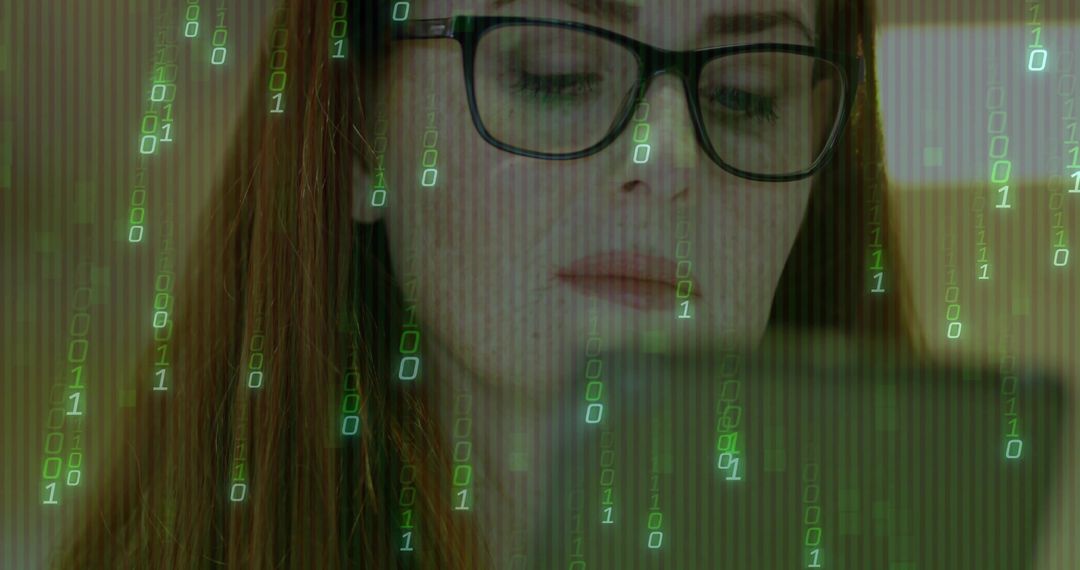 Female Coder Analyzing Code With Binary Overlay