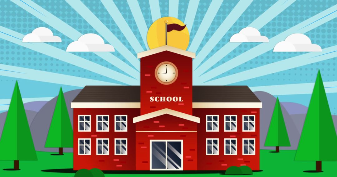 Colorful School Building with Sun and Clouds