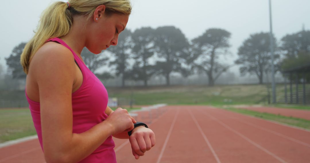 Female Athlete Checking Smartwatch During Track Training - Free Images, Stock Photos and Pictures on Pikwizard.com