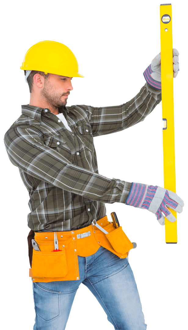 Transparent Young Handyman Measuring with Spirit Level