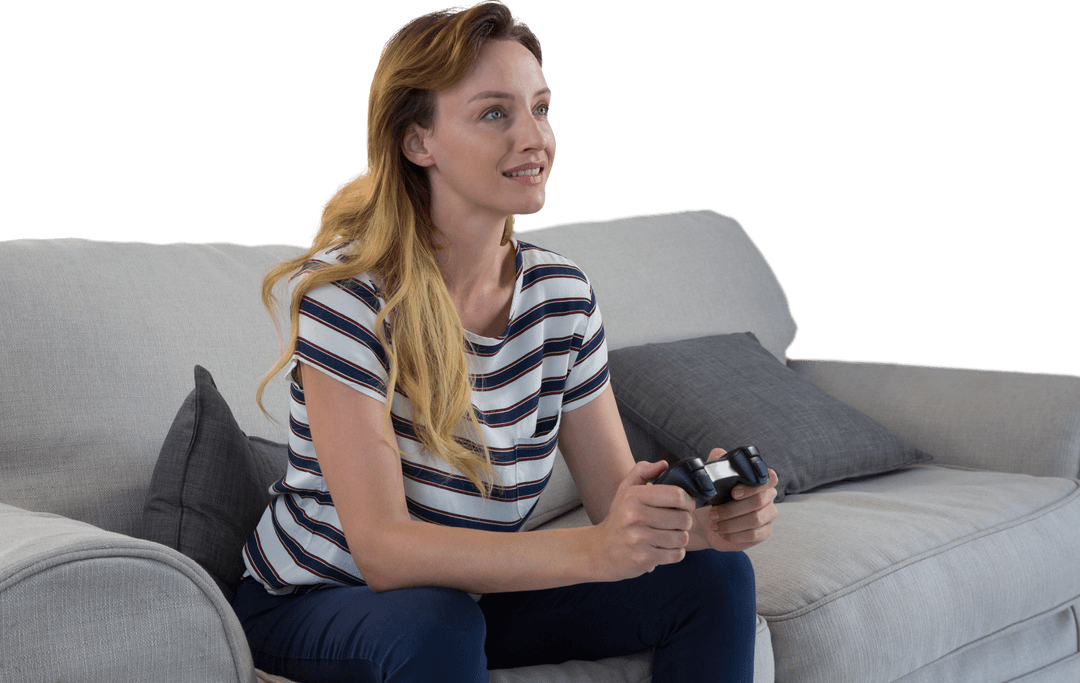 Transparent Background Woman Gaming on Sofa with Game Controller
