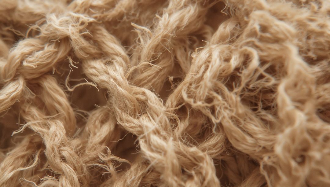 Macro close-up showing tangled tan twine braids and frayed natural fibers texture