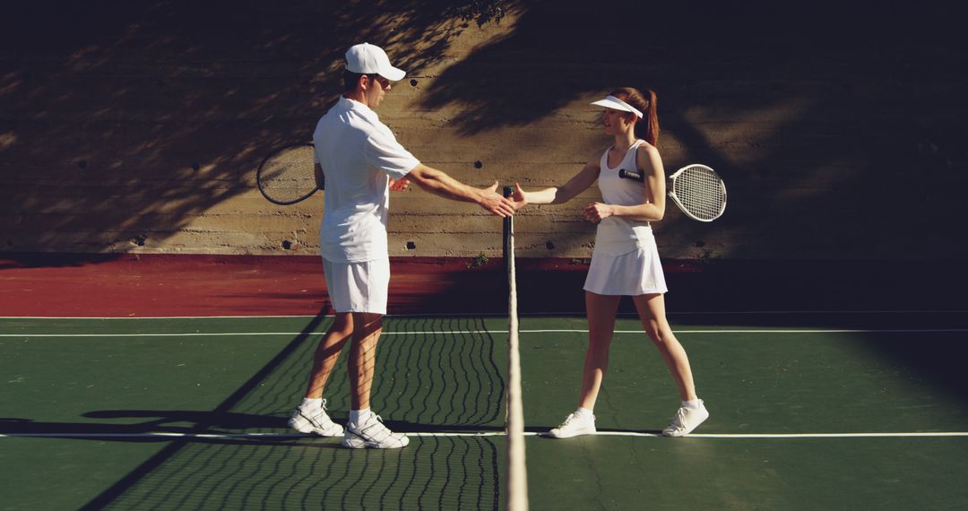 Friendly Tennis Match with Handshake Over Net on Summer Day - Free Images, Stock Photos and Pictures on Pikwizard.com