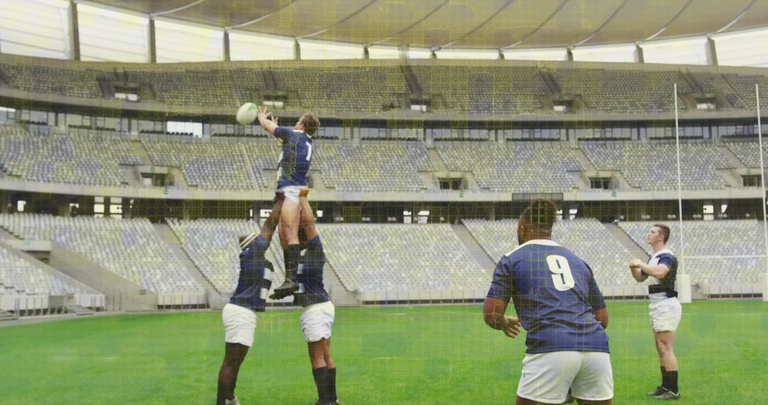 Rugby Players Practicing Lineouts in Empty Stadium