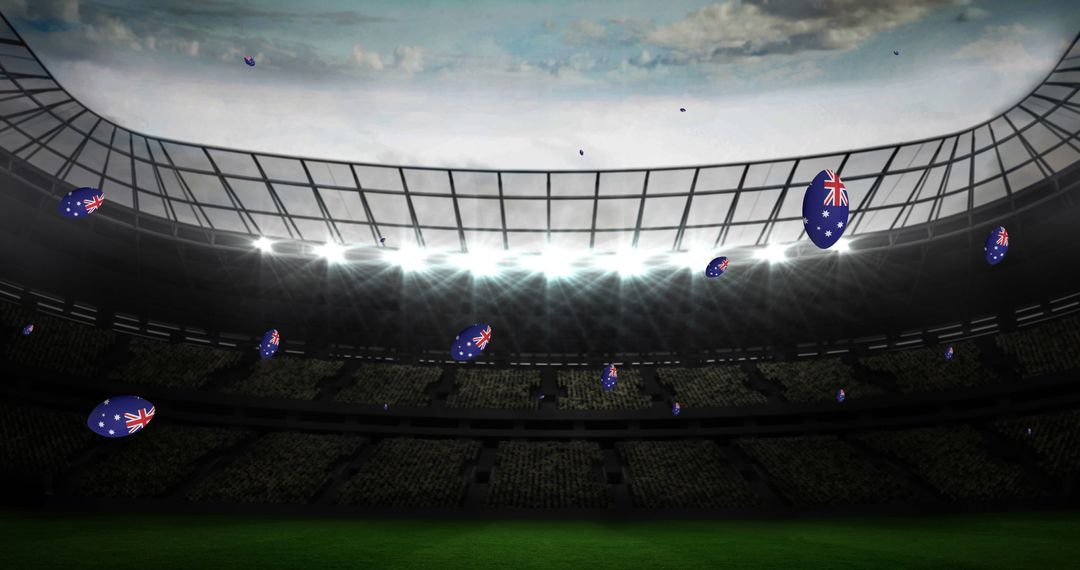 Rugby Balls with Australian Flag Falling in Stadium
