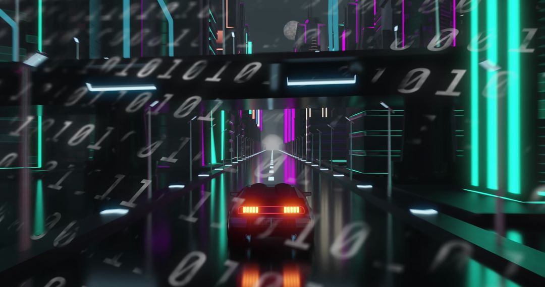 Futuristic Car in Neon City with Binary Code Overlay