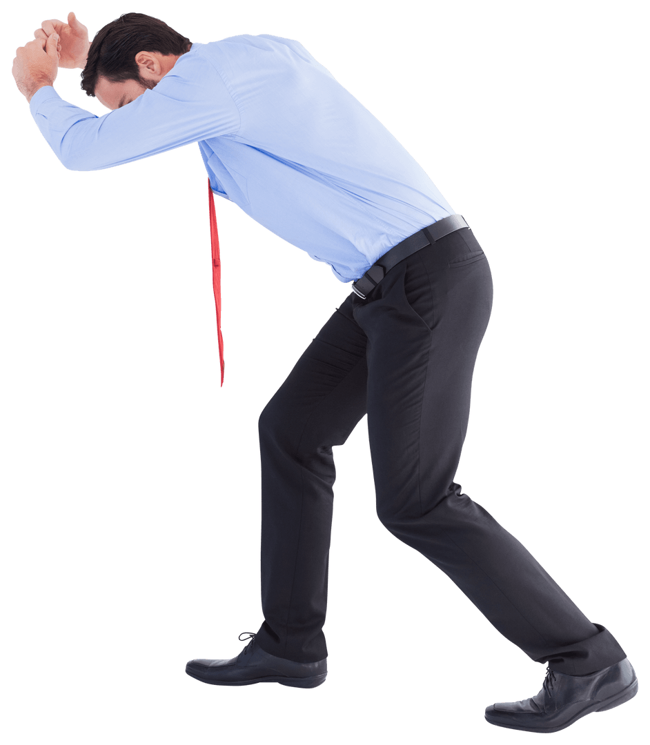 Businessman Protecting Self with Transparent Fearful Pose