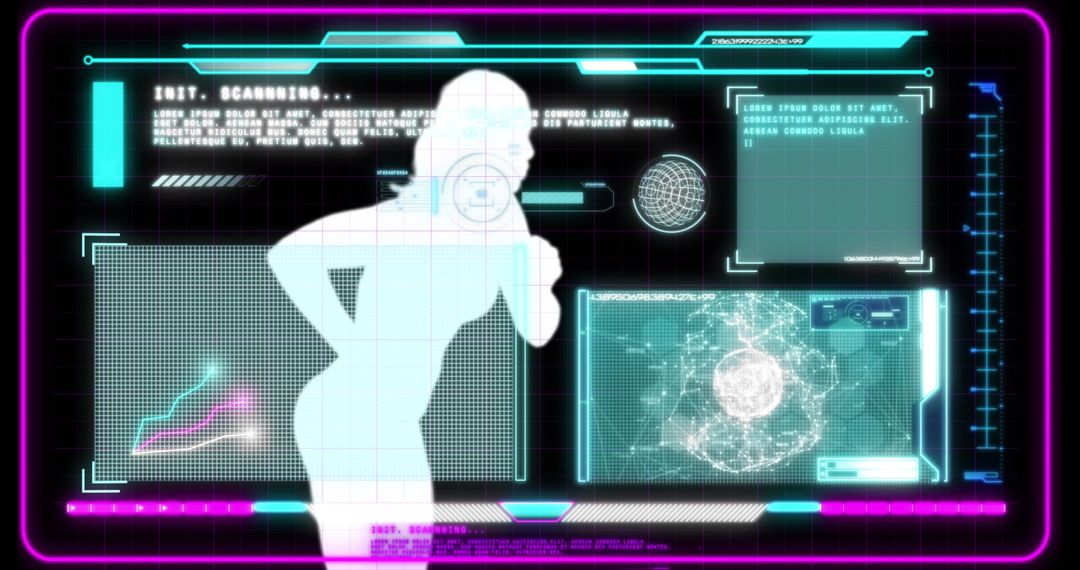 Holographic Interface Displaying Running Woman with Data Overlays