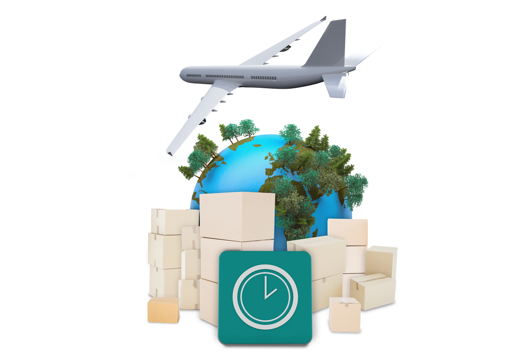 Transparent Illustration of International Transport with Boxes, Globe, Plane and Clock - Download Free Stock Images Pikwizard.com