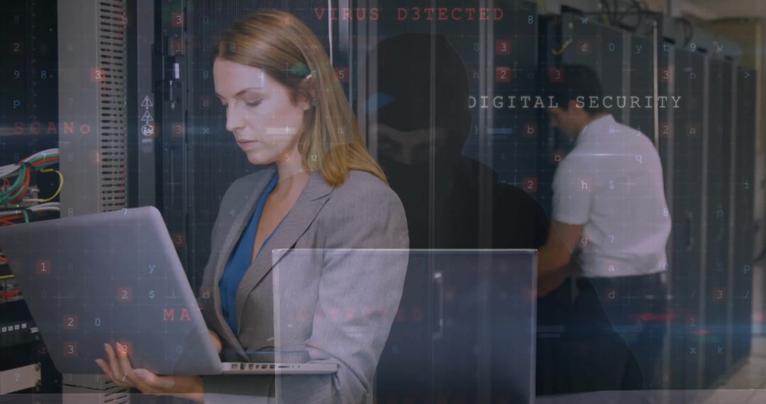 Cybersecurity Experts Analyzing Data in High-Tech Server Room