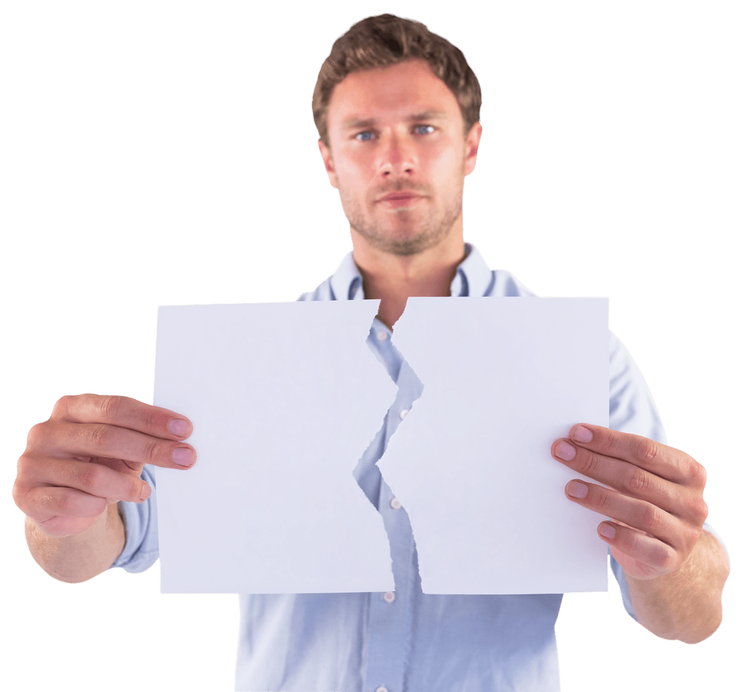 Man Holding Torn Paper on Transparent Background Demonstrating Conflict