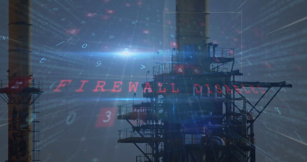 Cyber Intrusion Over Industrial Chimneys Background