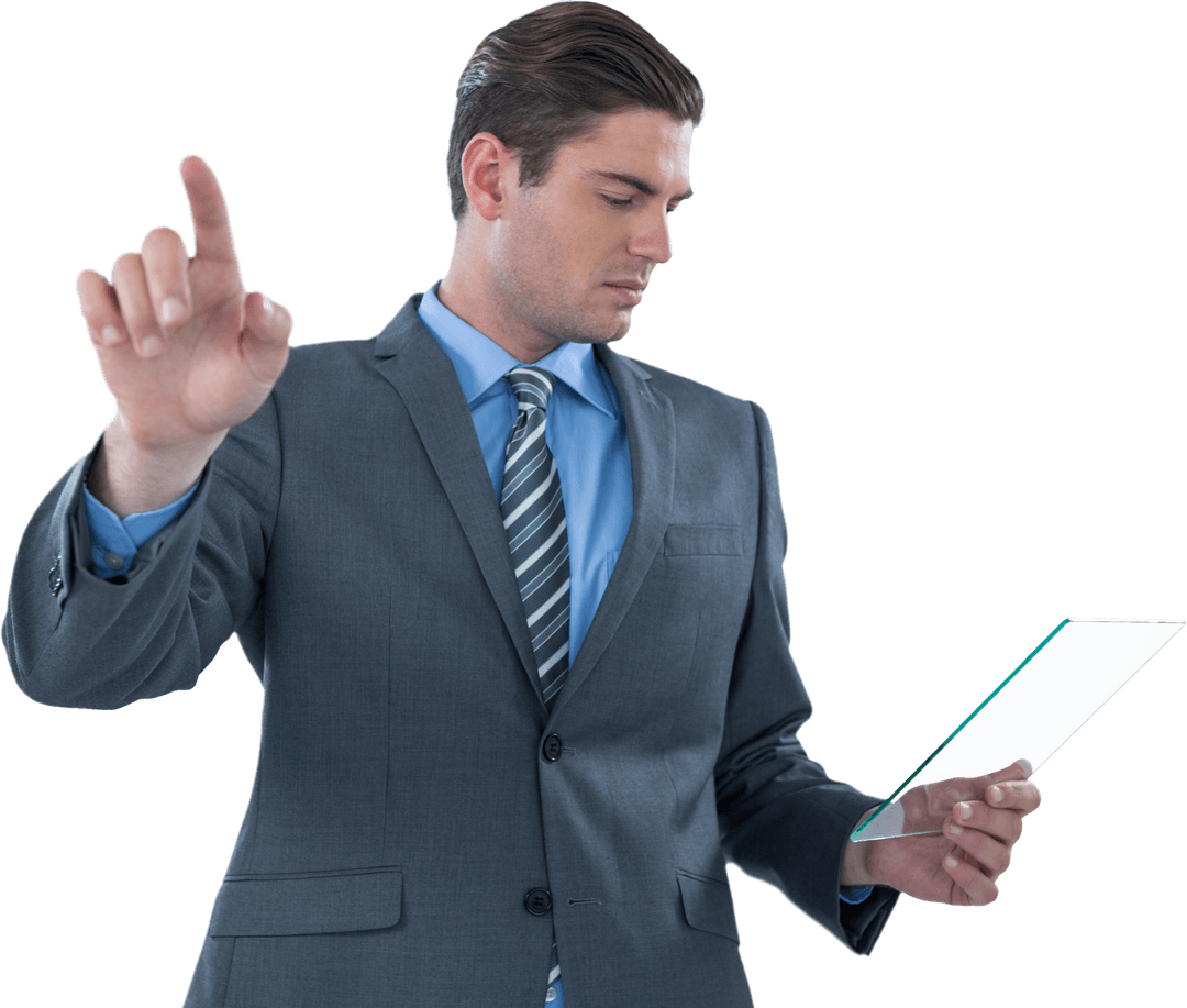 Businessman Using Transparent Digital Tablet Touching Virtual Screen