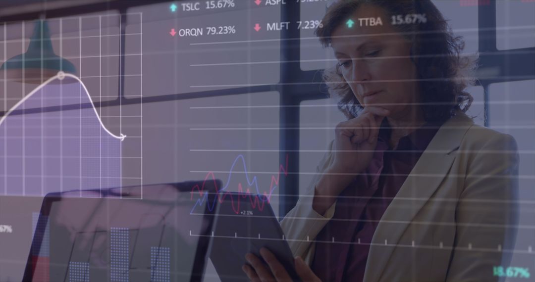 Businesswoman Analyzing Global Financial Data Digital Display