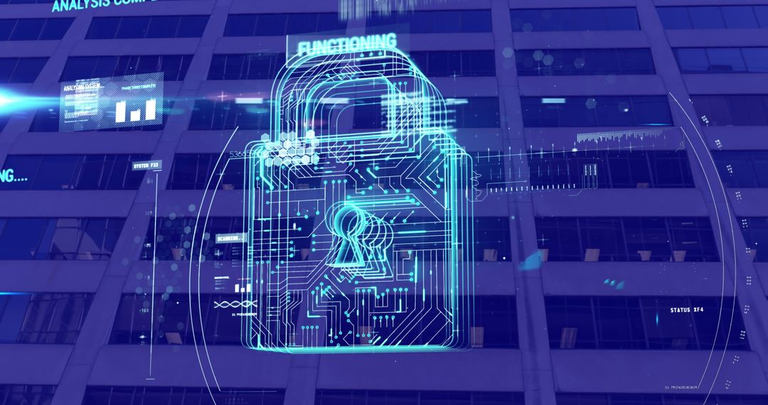 Digital Padlock Security Overlay on Modern Building Background