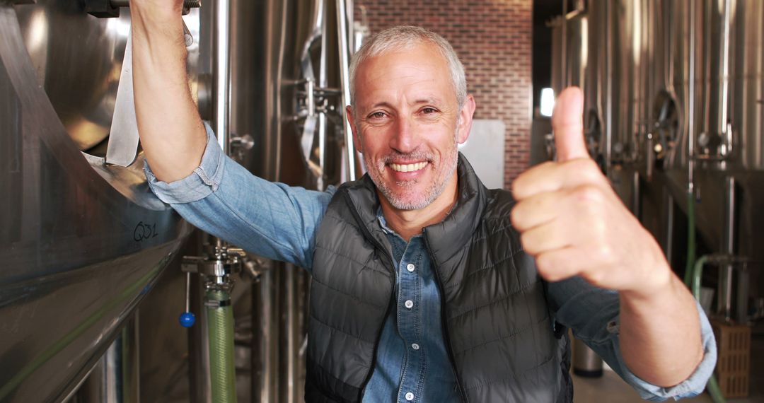 Senior Male Brewer Giving Thumbs Up in Brewery - Free Images, Stock Photos and Pictures on Pikwizard.com