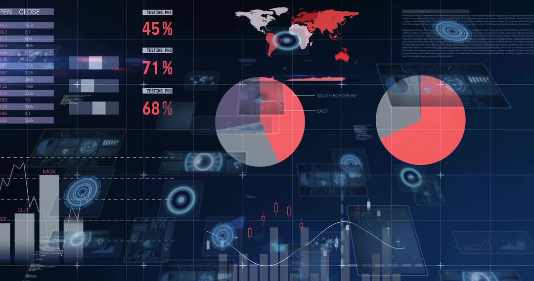 Futuristic Holographic Data Dashboard Visualizing Geospatial Analytics Red Gray Pie Charts
