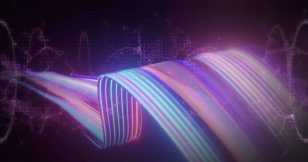 Fluid Digital Wave with Light Patterns on Purple Grid