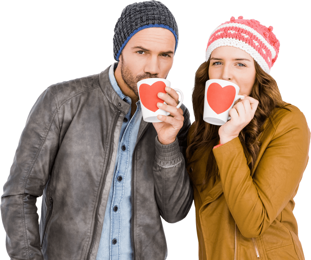 Couple Enjoying Hot Beverages with Heart Mugs in Warm Clothing Transparent