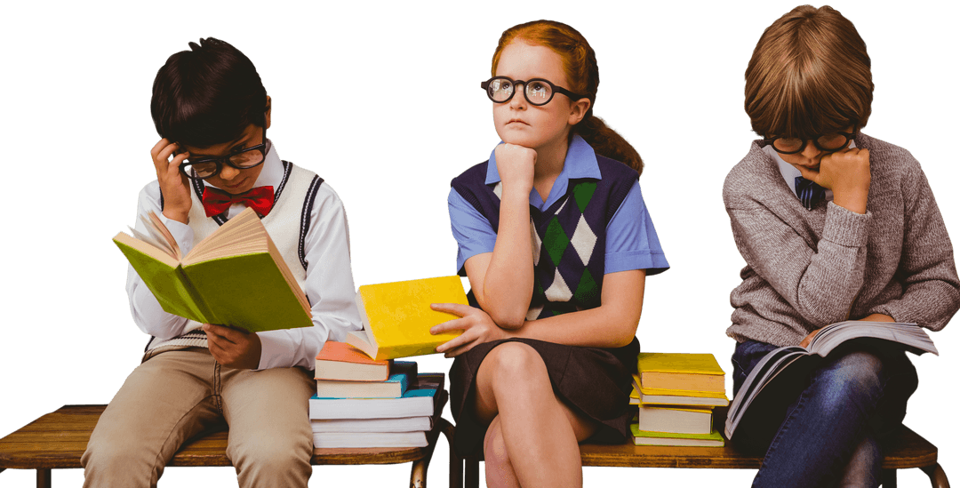 Diverse Schoolchildren Reading in Thoughtful Silence Transparent Background