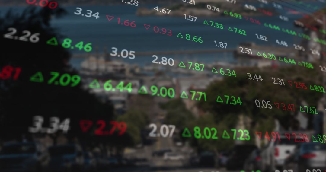 Dynamic Stock Market Data Displayed Over Cityscape Overlay